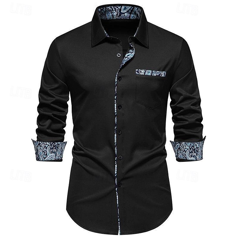 Men's Shirt Summer Shirt Casual Shirt Beach Shirt Collared Shirt Button Up Shirt Black White Navy Blue Long Sleeve Paisley Lapel Vacation Hawaiian Pocket Clothing Apparel Polyester Fashion Casual2