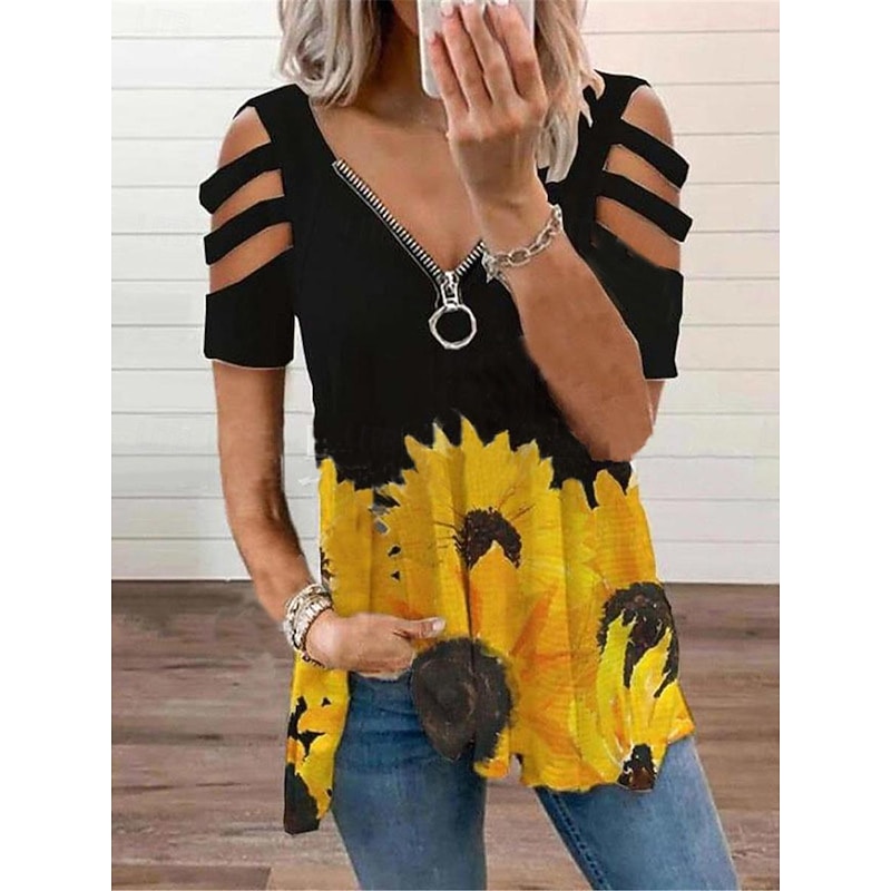 Women's Shirt Blouse Fashion Modern Color Block Patchwork Cut Out Print Short Sleeve Regular Tops V Neck Casual Black Rainbow Summer2
