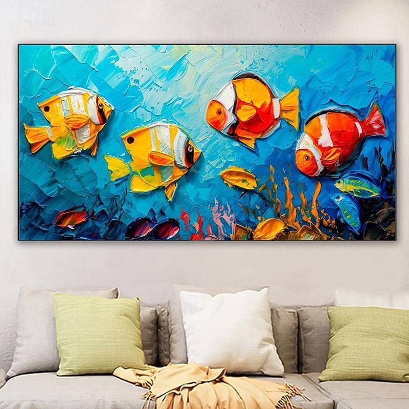 Large Original Fish Hand painted Oil Painting On Canvas Canvas Wall Art Abstract Blue Sea Painting Lively Animal  Wall Decor Home Decor4
