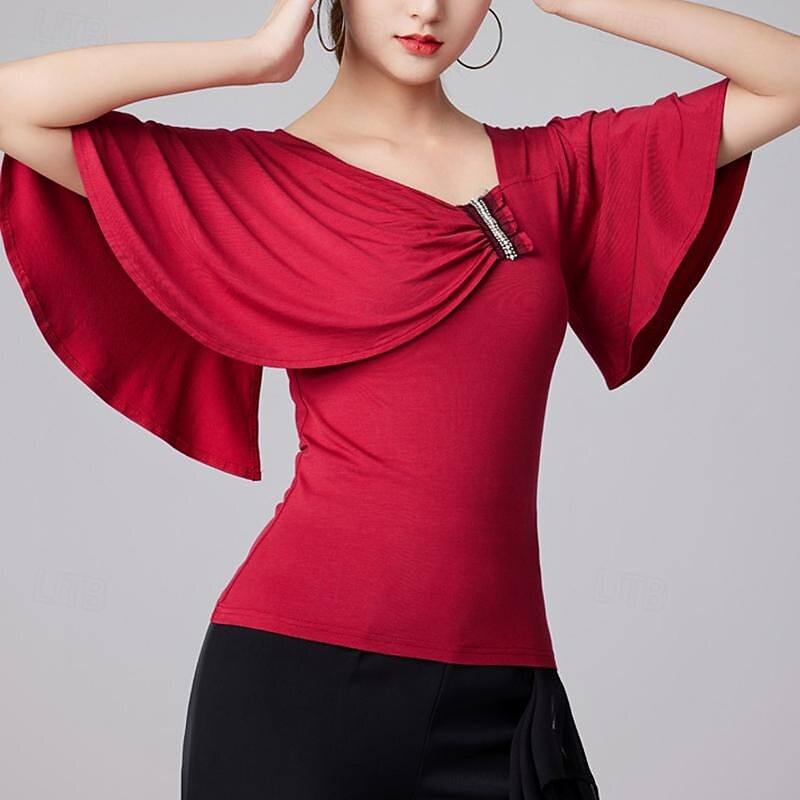 Latin Dance Ballroom Dance Top Ruffles Pure Color Splicing Women's Performance Training Short Sleeve High Modal2