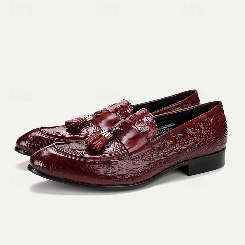 Men's Loafers & Slip-Ons Wine Black Glossy Burgundy Crocodile Leather Tassel Comfortable Slip Resistant3