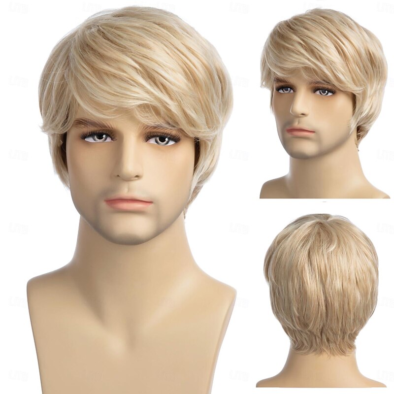 Mens Wig Short Blonde Wig Short Layered Synthetic Hair for Male Cosplay Anime Halloween Wig