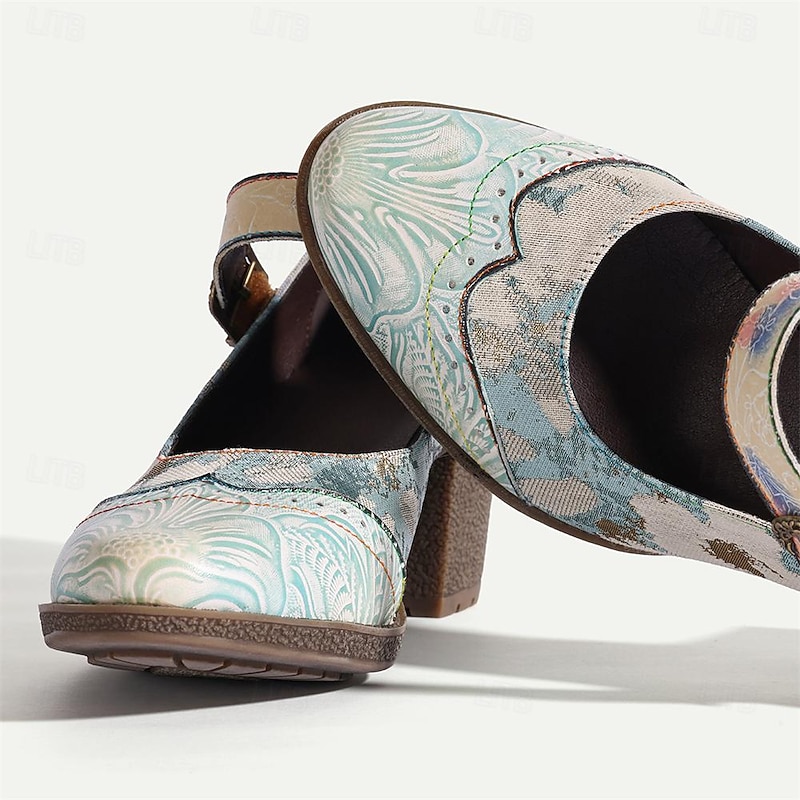 Women's Heels Pumps Handmade Shoes Vintage Gatsby Shoes Wedding Party Color Block Cone Heel Round Toe Elegant Vintage Gatsby Leather Buckle Light Blue 5