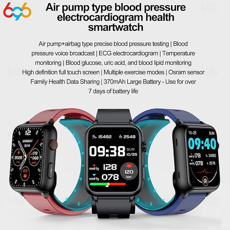 696 TK63 Smart Watch 1.91 inch Smartwatch Fitness Running Watch Bluetooth ECG+PPG Temperature Monitoring Pedometer Compatible with Android iOS Men Hands-Free Calls Message Reminder Custom Watch Face2