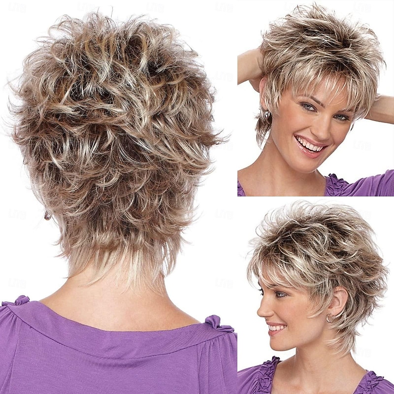 Short Blonde Pixie Cut Wigs with Bangs for White Women,Brown Ombre Blonde Wig Synthetic Wavy Curly Hair Wigs Mixed Brown Wigs Layered Natural Fluffy Heat Resistant3