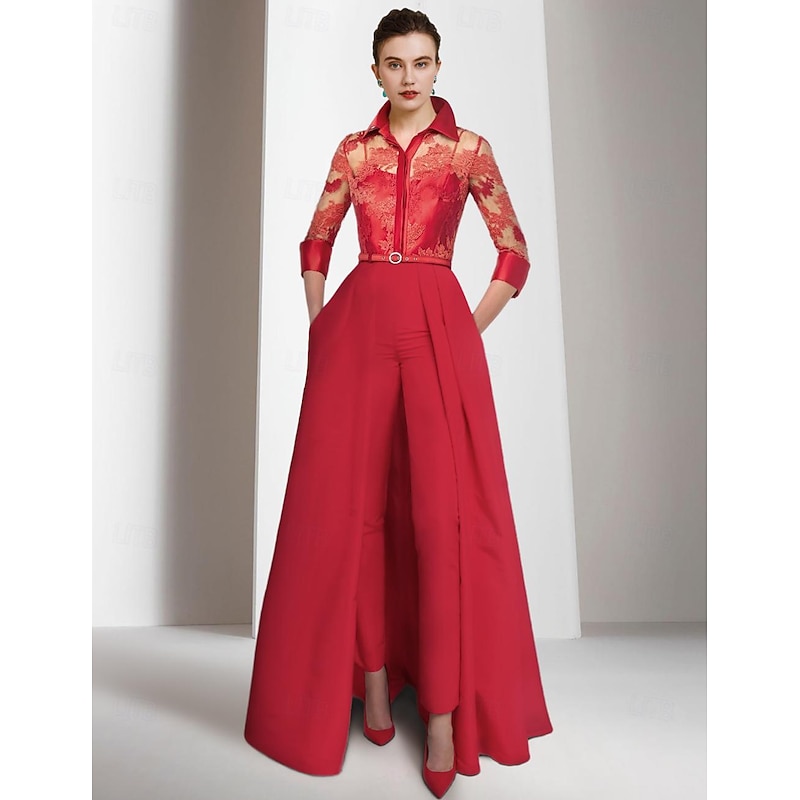 Jumpsuit Mother of the Bride  Formal Wedding Guest Elegant Party Shirt Collar Ankle Length Satin Lace 3/4 Length Sleeve with Pleats3