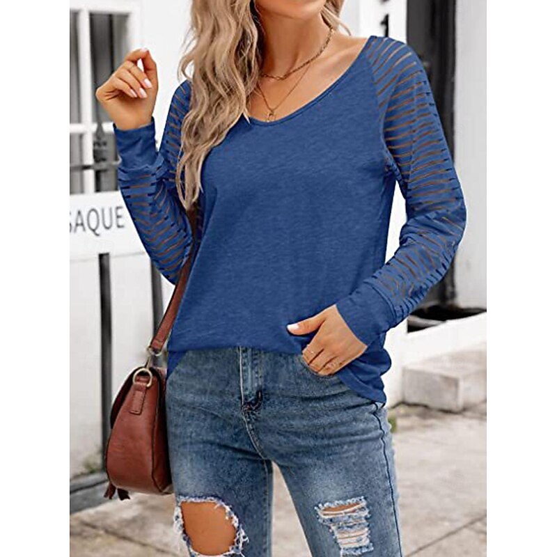 T shirt Tee Women's Black White Pink Plain Mesh Street Daily Fashion V Neck Regular Fit S2