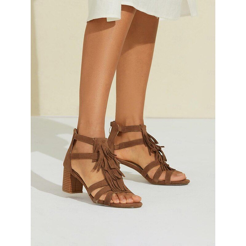 Women's Brown Suede Tassel Ankle Strap Block Heel Sandals | Boho Chic Summer Footwear2