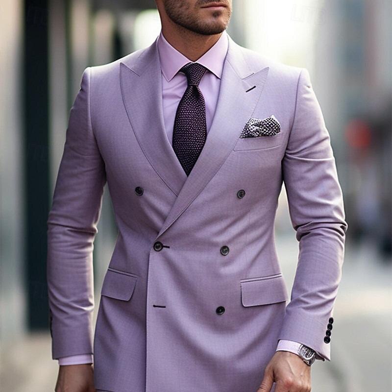 Men's Wedding Party Suits Peak Grape Purple Daily Business Solid Colored Tailored Fit 2 Piece Double Breasted Six-buttons2