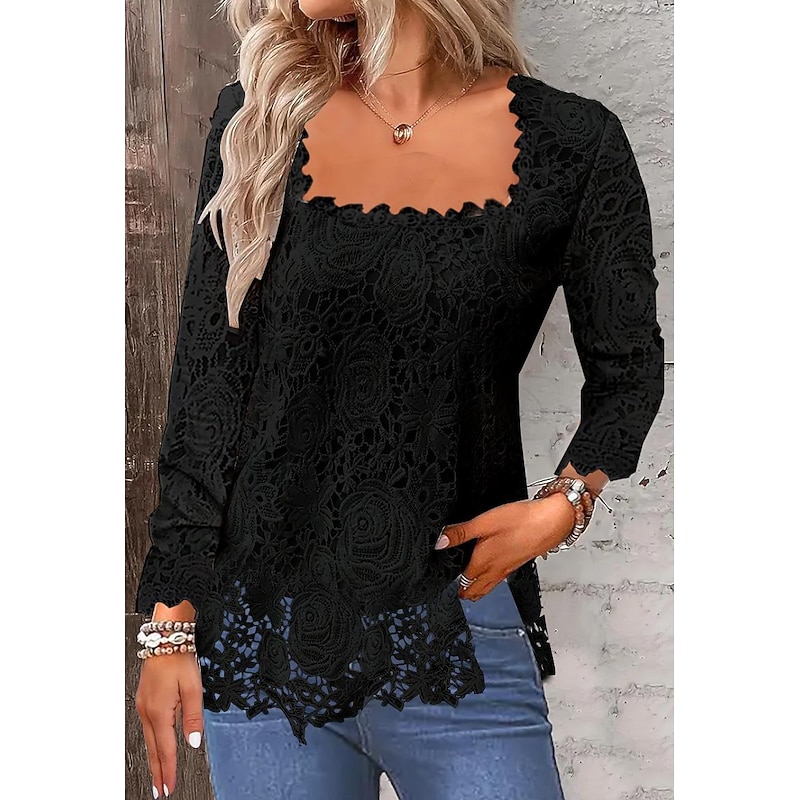 Shirt Lace Shirt Blouse Eyelet top Women's Black White Pink Plain Lace Street Daily Fashion Square Neck Regular Fit S3