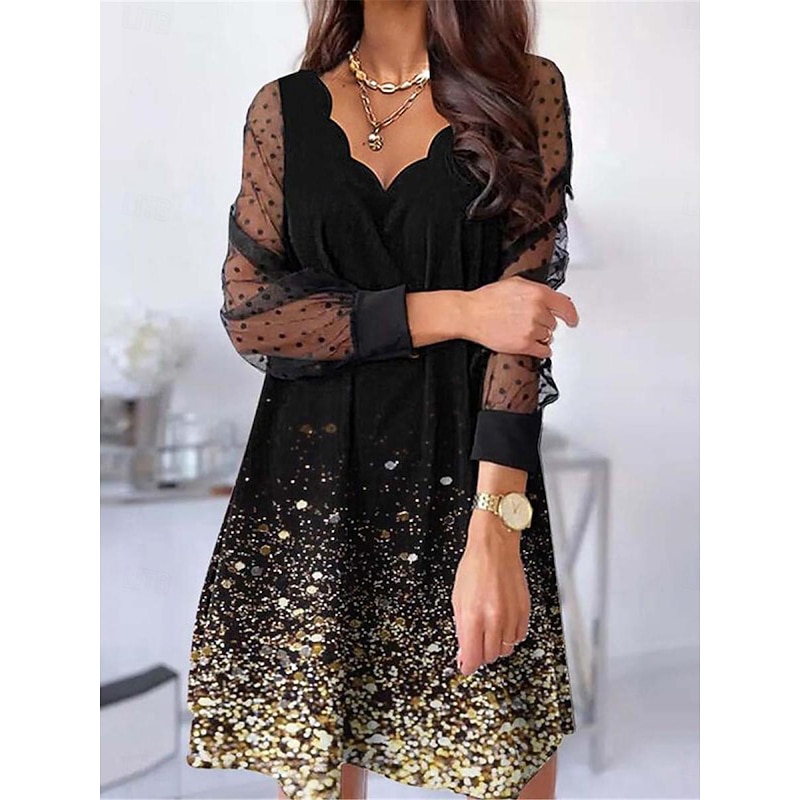 Women's Casual Dress Floral Mesh Patchwork Scalloped Neck Mini Dress Vacation Long Sleeve Summer4
