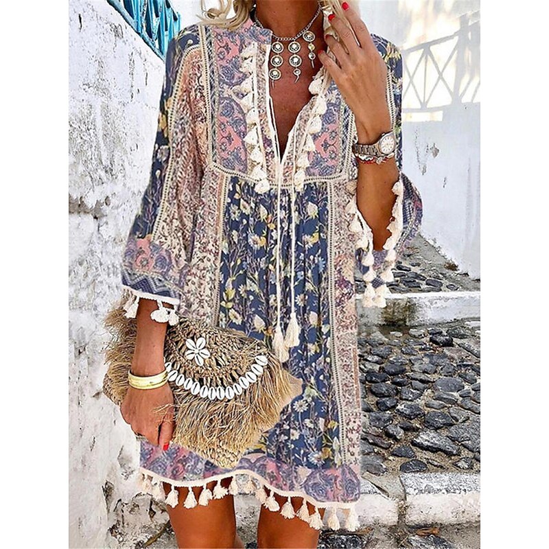 Women's Mini Dress Petite Dress Casual Dress Long Sleeve Boho Dress Summer Dress Boho Dress Bohemia Ethnic Vacation Holiday Loose Fit Floral Geometric Color Block Split Neck White Red Navy Blue3