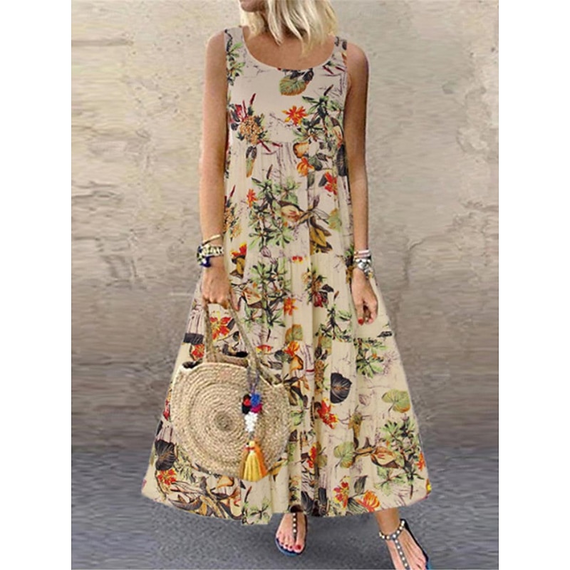 Women's Yellow Blue Purple Summer Spring Maxi Dress Cotton Linen Dresses Casual Dress Cotton Summer Dress Fashion Modern Daily Weekend Regular Fit Floral Crew Neck