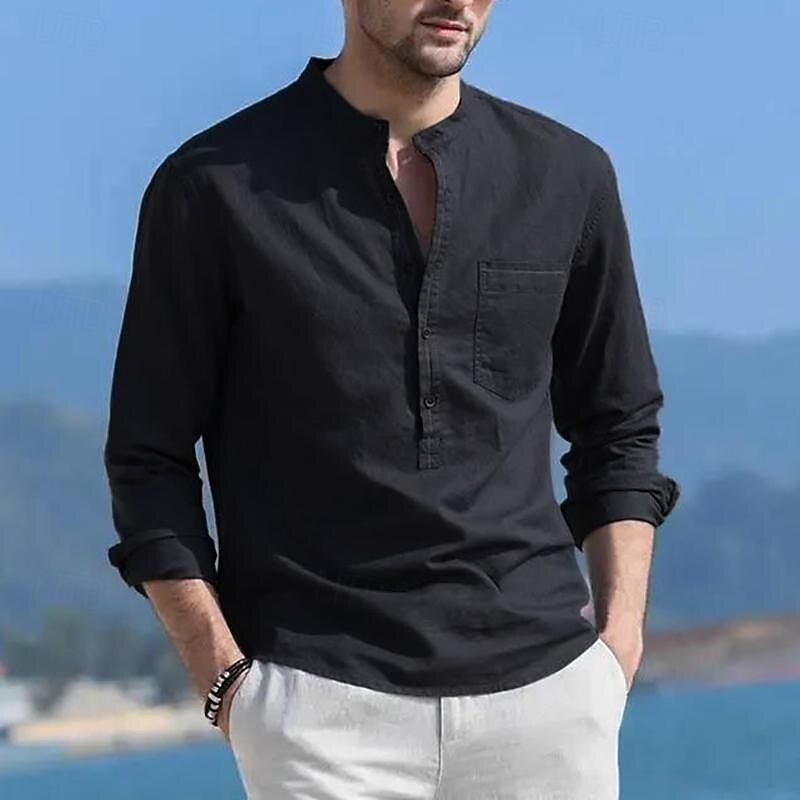 Men's Shirt Linen Shirt Cotton Linen Shirt White Cotton Shirt Chinese Collar Shirt Mandarin Collar Shirt Plain Vacation Hawaiian Black White Navy Blue Blue Long Sleeve Band Collar Spring &  Fall3