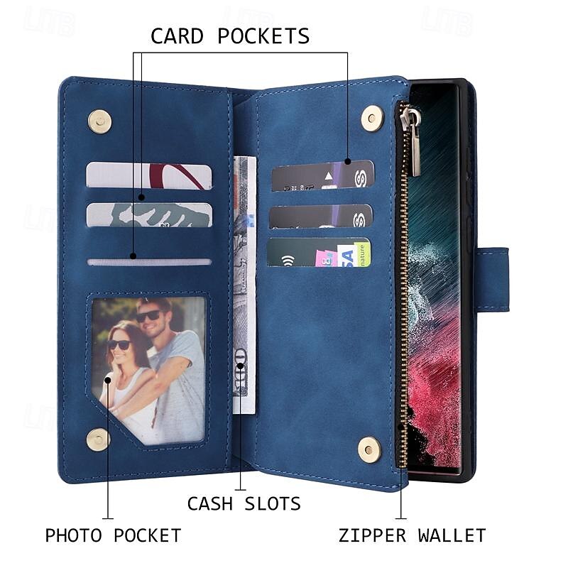 Phone Case For Samsung Galaxy S25 S24 S23 S23 FE S22 S21 Ultra Plus A14 A34 A54 A24 Wallet Case Zipper with Wrist Strap Kickstand Retro TPU PU Leather4