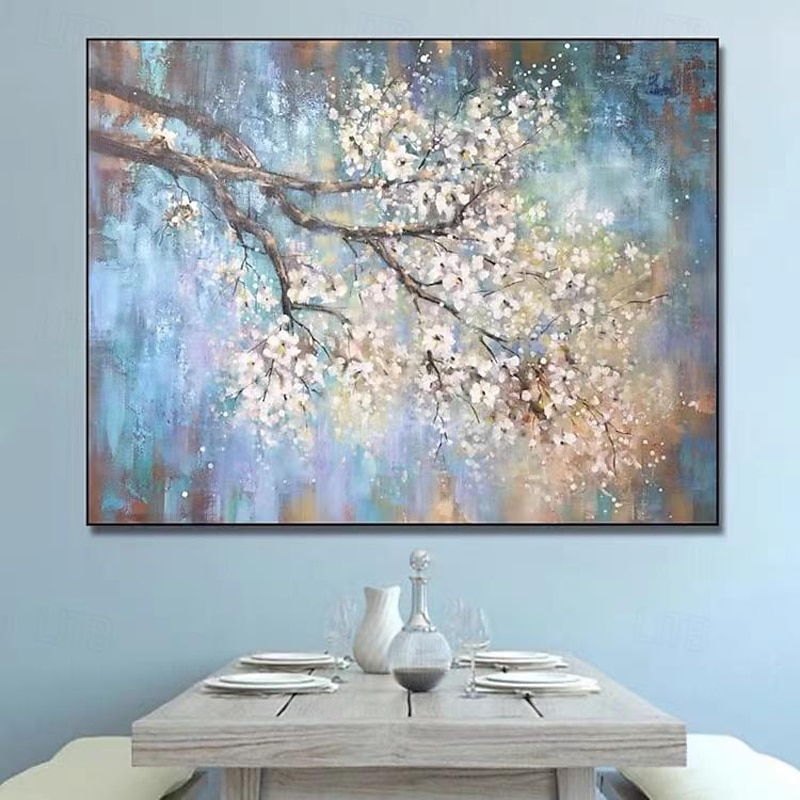 Hand painted Abstract Cherry Flower Oil Painting on Canvas Large Wall Art Original Blossom Floral Art White Painting Flower Painting Living Room Decor Stretched Canvas Ready to Hang3