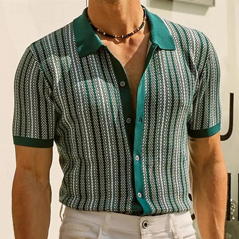 Men's Golf Shirt Golf Polo Work Casual Lapel Short Sleeve Basic Modern Color Block Striped Patchwork Button Spring & Summer Regular Fit Wine Navy Blue Green Golf Shirt4