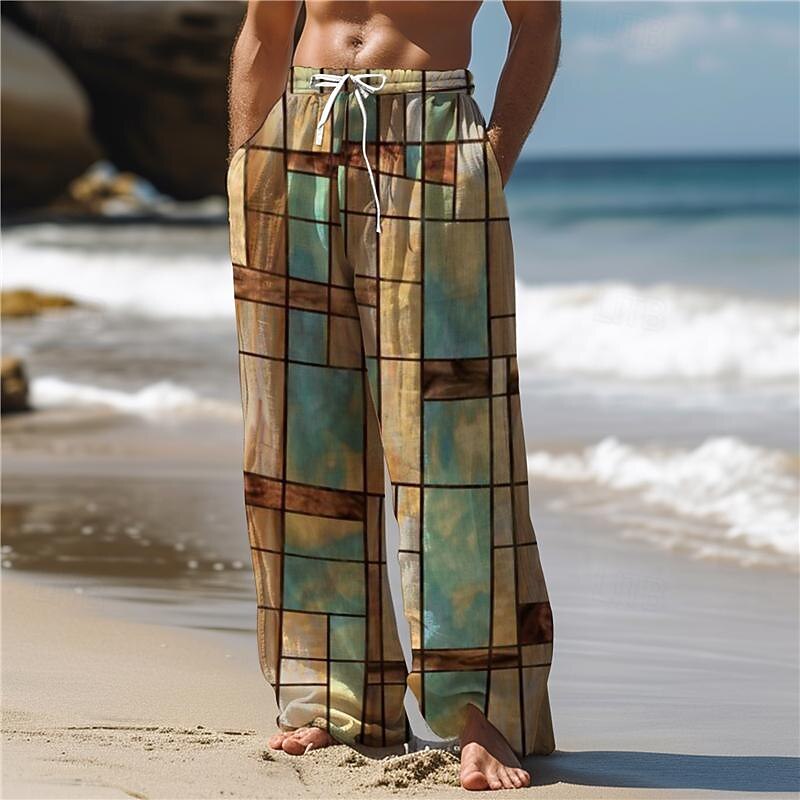 Men's Hawaiian Plaid Pants 3D Print Straight Leg Trousers Mid Waist Drawstring Elastic Waist Outdoor Street Holiday Summer Spring Fall Relaxed Fit4