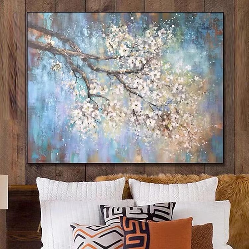 Hand painted Abstract Cherry Flower Oil Painting on Canvas Large Wall Art Original Blossom Floral Art White Painting Flower Painting Living Room Decor Stretched Canvas Ready to Hang2