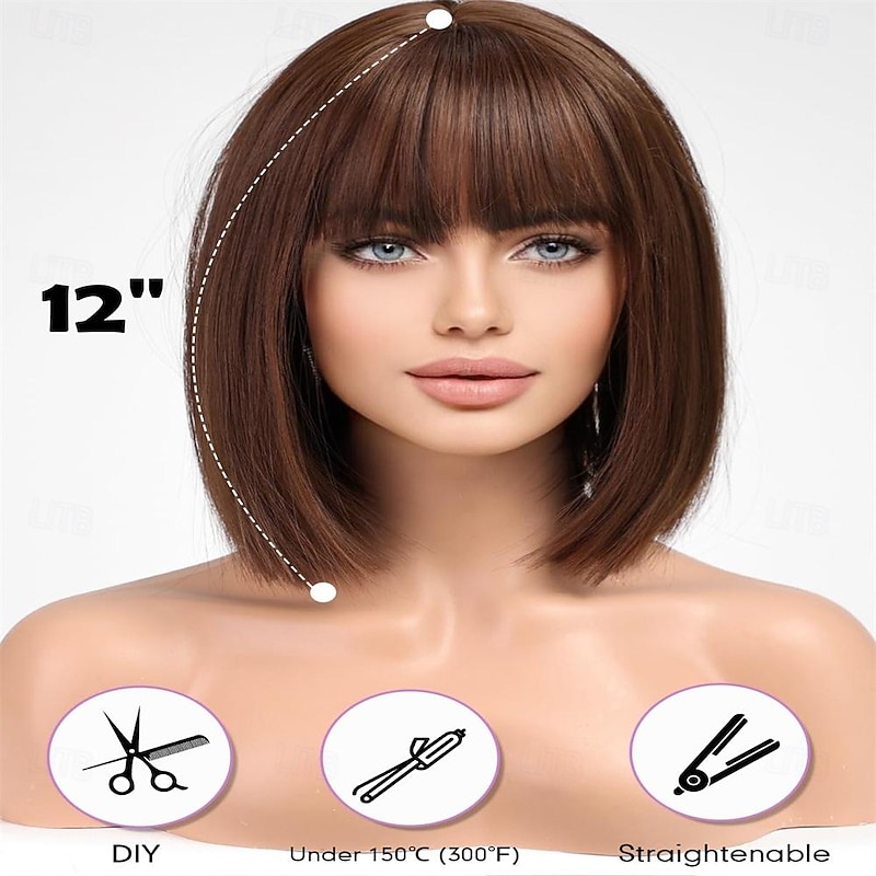 Brown Bob Wigs for Women Synthetic Wig with Bangs Natural Looking Synthetic Wigs for Ladies Daily Cosplay Hair Wig3