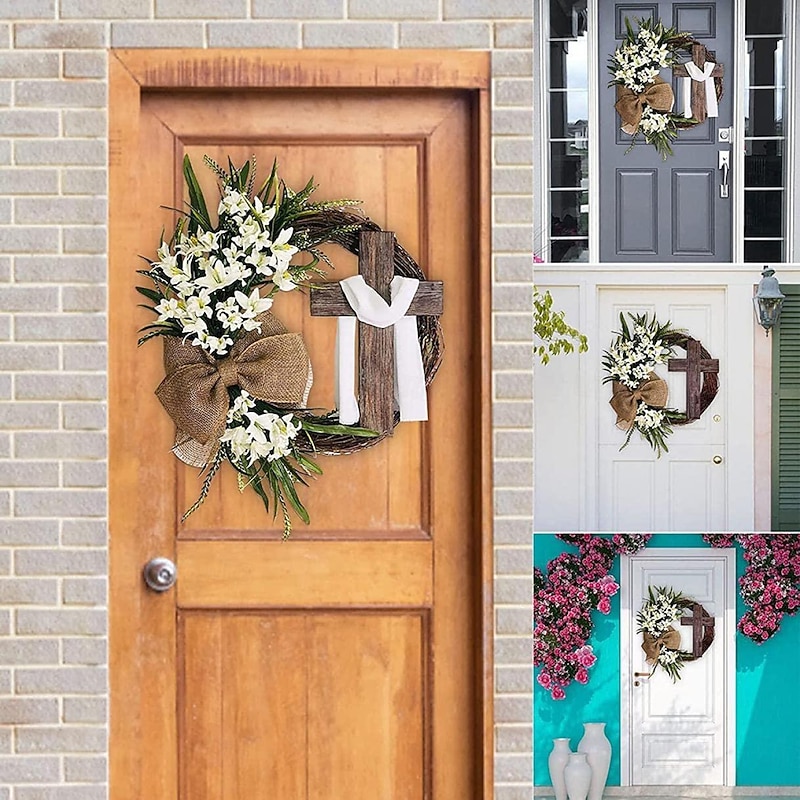 Artificial Easter Wreath, Easter Decoration, Cross Wreath, Decoration for Hanging Door Wreath, Cross Easter Wreath for Hanging as Spring Decoration4