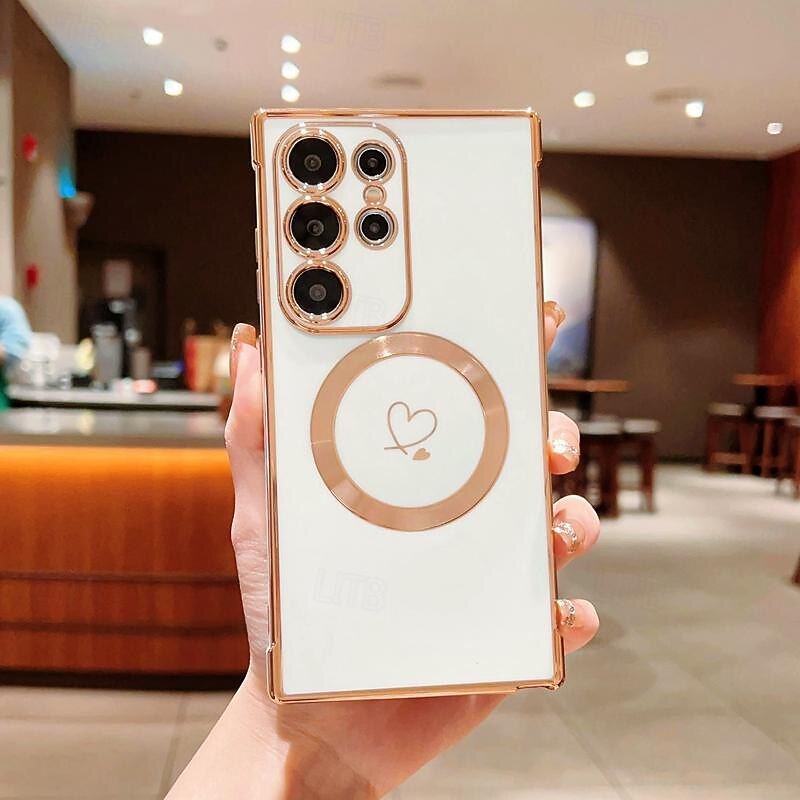 Phone Case For Samsung Galaxy S25 S24 S23 S23 FE S22 S21 Ultra Plus Back Cover Support Wireless Charging Shockproof Heart TPU Plating2
