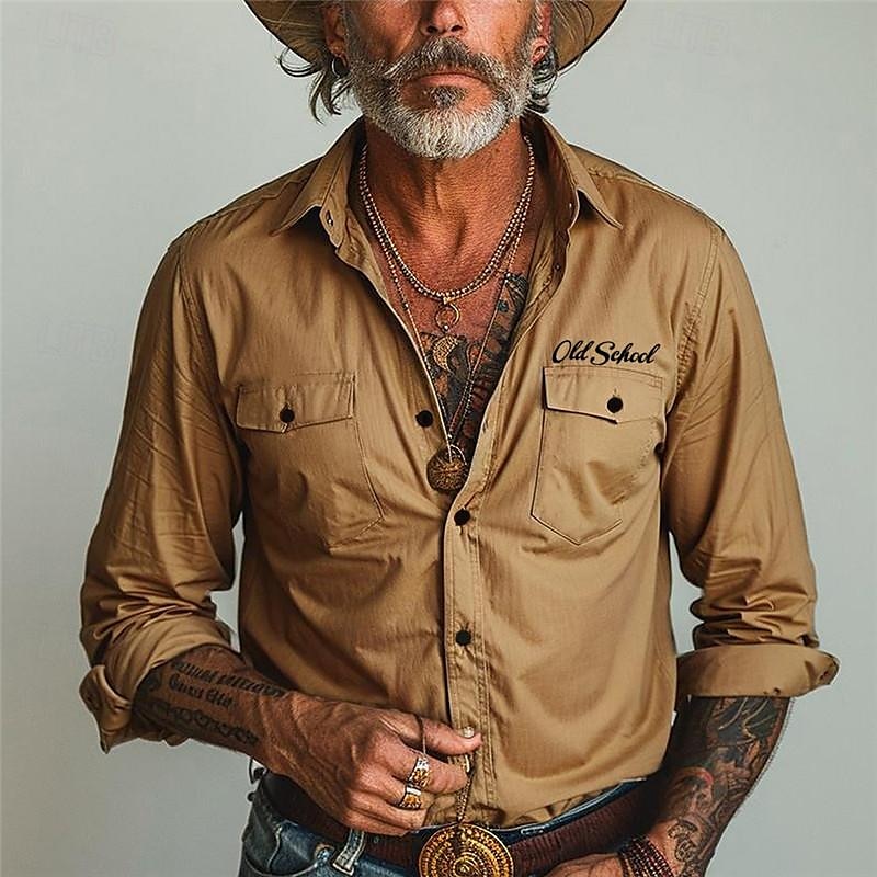 Men's Letter Western Shirt Cowboy Shirt Long Sleeve Vintage Western Style Tribal Outdoor Vacation Horse Race Spring & Summer Turndown Print Button-Down Khaki