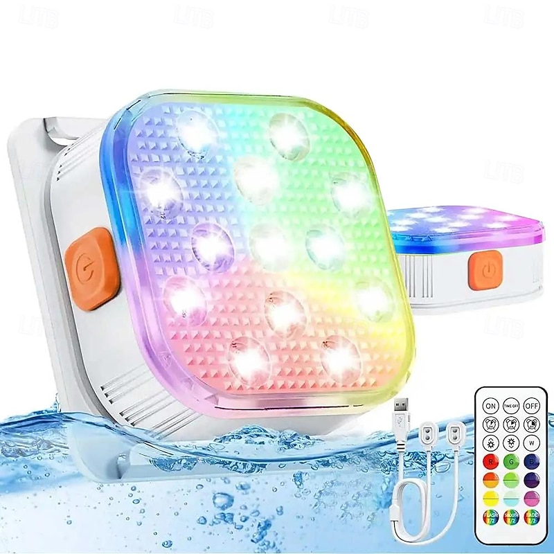 2pcs Rechargeable Submersible Pool LED Light with Remote Control, LED Underwater Light Multicolor LED Diving Pool Light USB Timer Color Changing Aquarium Fish Tank Night Light