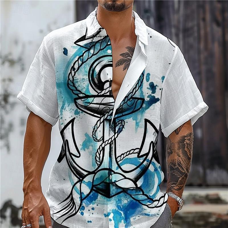 Men's Anchor Shirt Button Up Shirt Short Sleeve Vacation Hawaiian Resort Style Outdoor Vacation Beach Summer Turndown Buttons Print Blue2