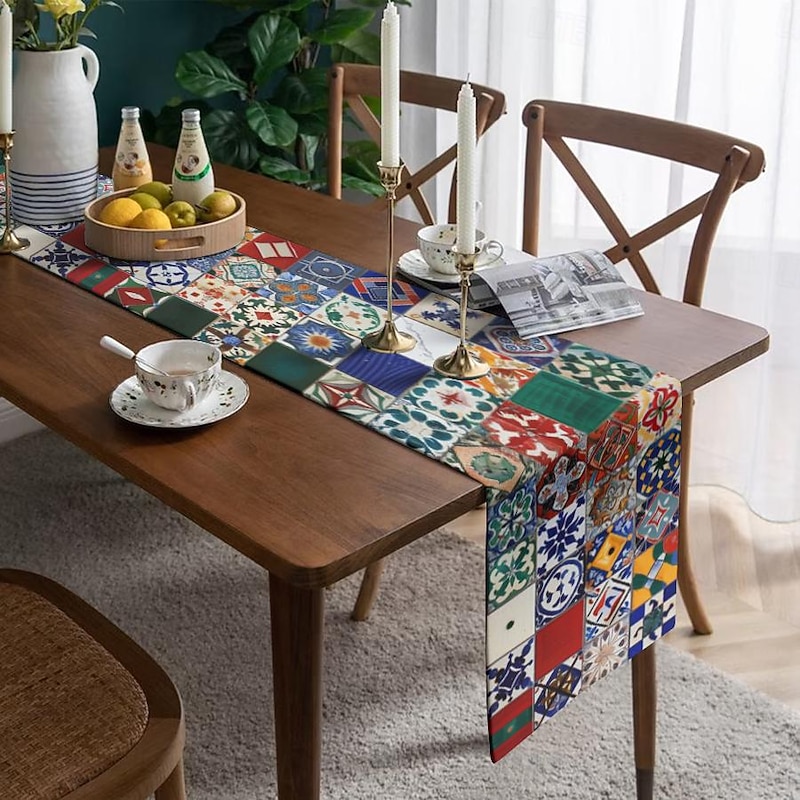 Boho Tile Splicing Print Country Style Table Runner, Kitchen Dining Table Decor, Print Decor Table Runners for Indoor Outdoor Home Farmhouse Holiday Wedding Birthday Party Decoration4