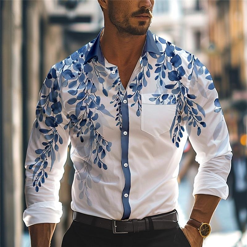 Men's Printed Shirts Leaf Wear to work Daily Wear Yellow Blue Long Sleeve Turndown Spring & Summer Clothing Apparel Pocket