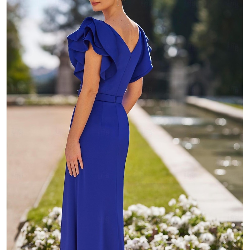 Sheath Evening Gown Elegant Dress Formal Wedding Guest Floor Length Short Sleeve V Neck Stretch Crepe with Pleats Crystals2