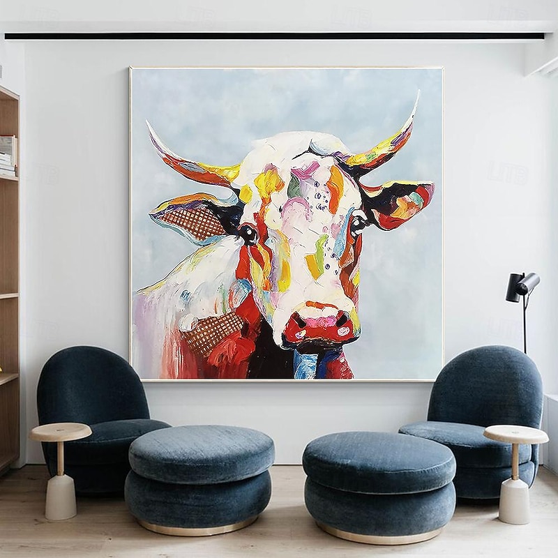 Abstract Cow Oil Painting hand painted Colorful Animal texture painting  Unique Artwork Vibrant Animal Canvas painting for Wall Art Farmhouse Decor Living Room living room home decor3