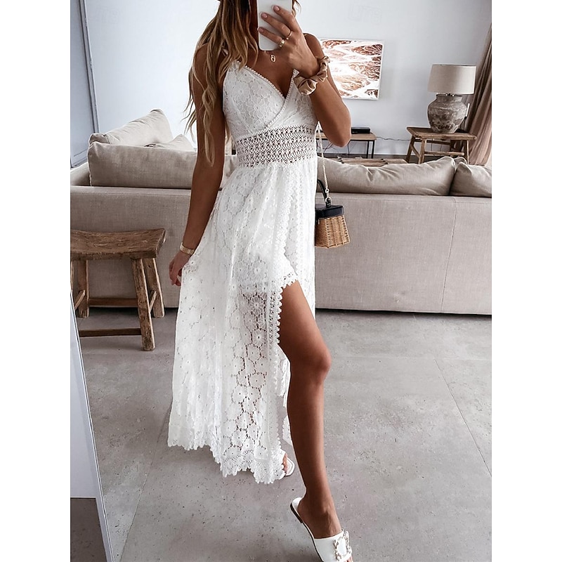 Women's Normal Romper Streetwear Solid Color Sleeveless V Neck Lace Patchwork Street Daily Regular Fit Black White Summer2