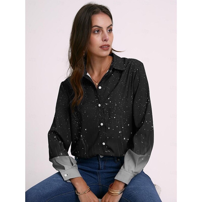 Women's Shirt Long Sleeve Button Down Blouse Basic Buttons Print Regular Tops Shirt Collar Casual Daily Blue Gray Spring Fall4