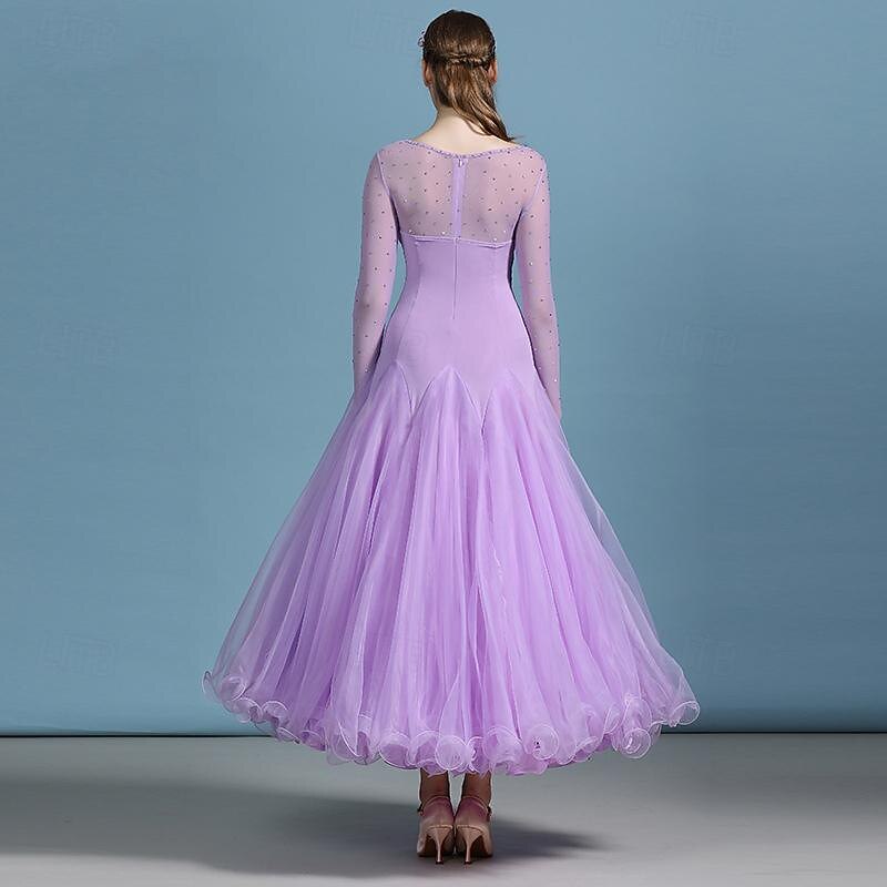 Ballroom Dance Dress Rhinestone Pure Color Women's Performance Training Long Sleeve Polyester2
