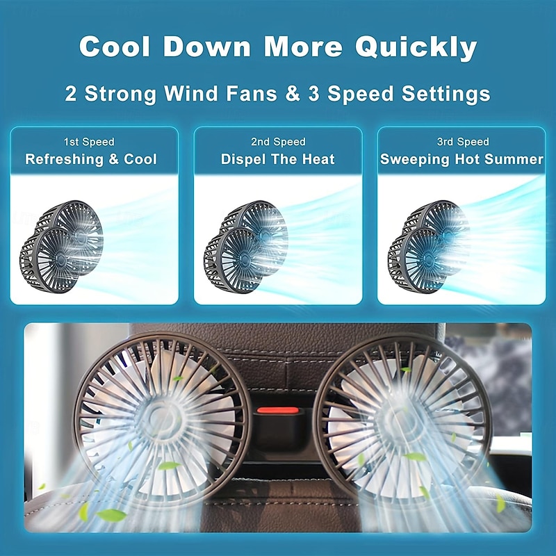 Car Seat Air Conditioning Fan – Double-Head Rear Fan with Strong Wind and 360° Rotation, USB Powered4