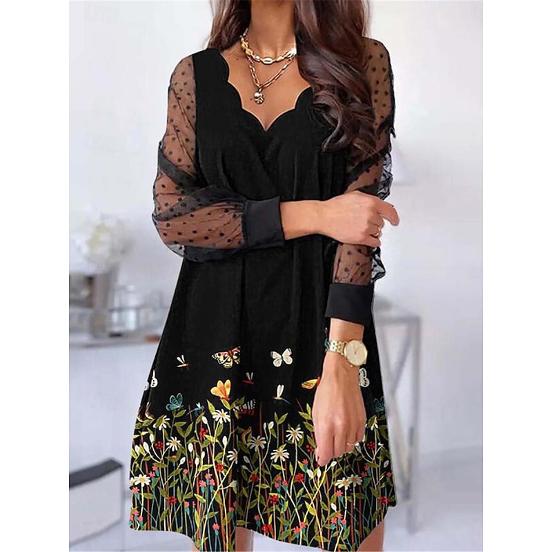 Women's Casual Dress Floral Mesh Patchwork Scalloped Neck Mini Dress Vacation Long Sleeve Summer2