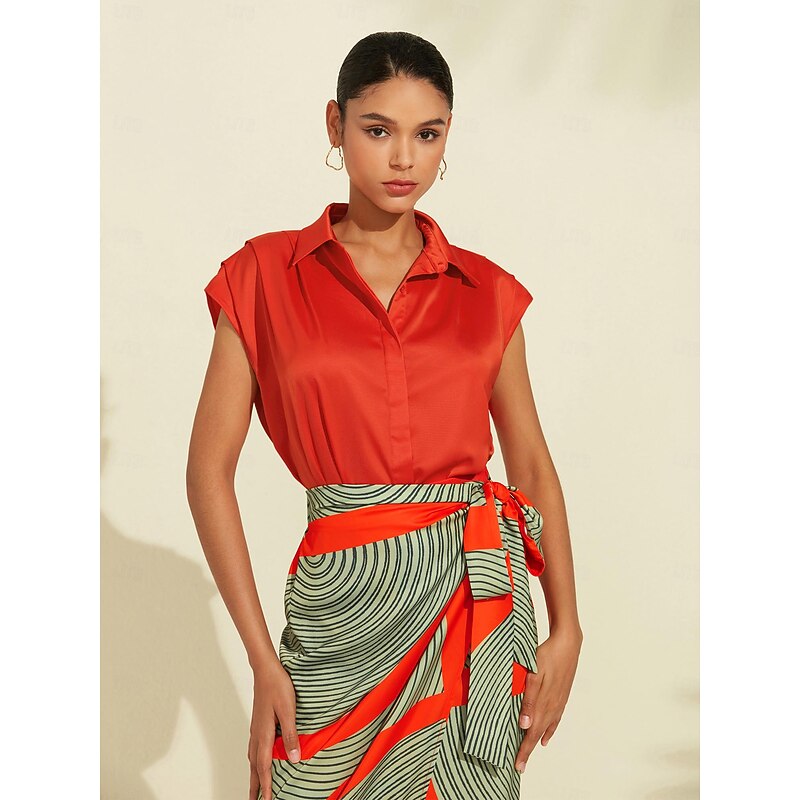 Women's Shirt Red Collared Shirt Collar Sleeveless Loose Solid Plain Casual Daily Summer