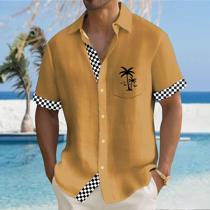 OUKU Men's Solid Color Plaid Check Summer Hawaiian Shirt Aloha Shirt Printed Shirts Short Sleeves Shirt Turndown Hawaiian Resort Outdoor Vacation Holiday Yellow Pink Blue S M L