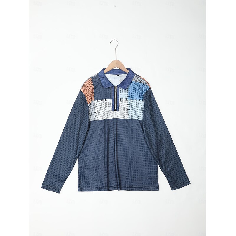 Men's Color Block Waffle Polo Shirts Golf Polos Shirts Long Sleeve Polo Shirts Turndown Zip Vintage Outdoor Casual Daily Streetwear 3D Print Fall & Winter Black Blue Brown2