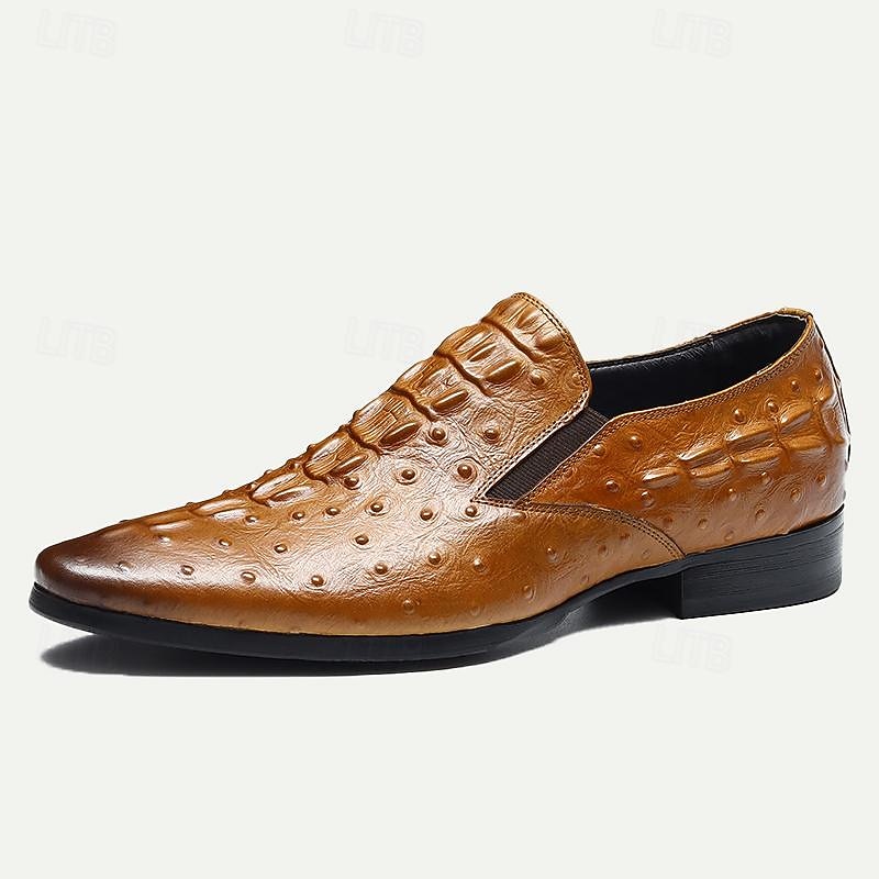 Men's Embossed Ostrich Leather Slip-On Loafers – Premium Brown Formal Dress Shoes, Lightweight and Comfortable for Business or Casual Wea3