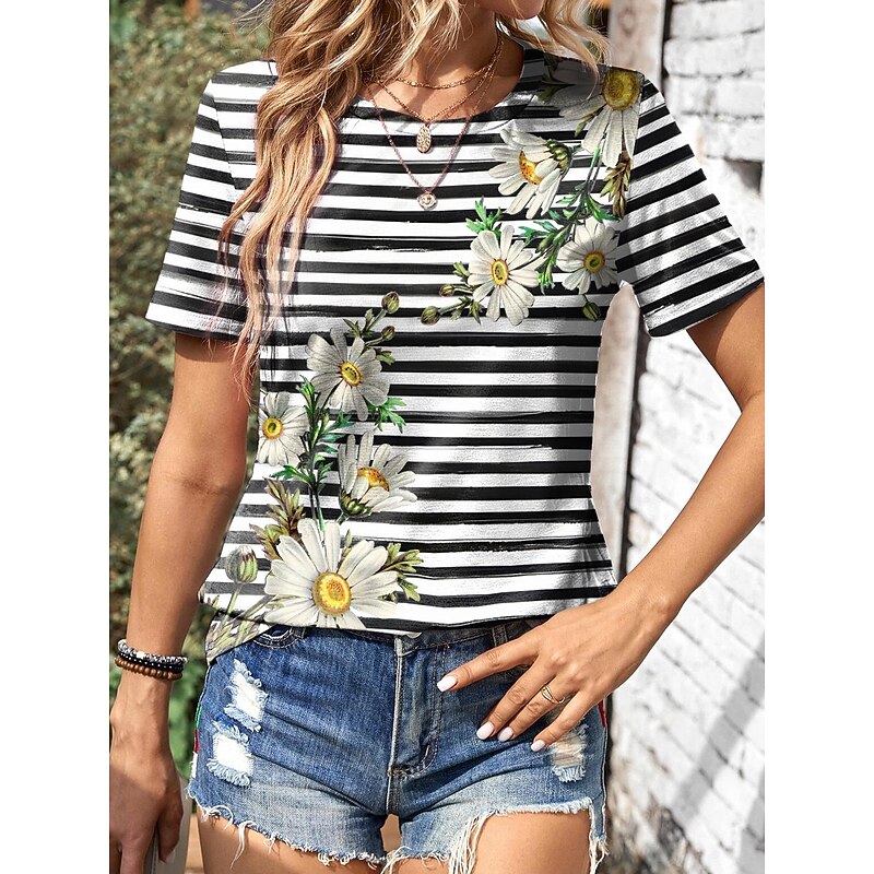 Women's  T-Shirt Daisy Floral Stripe Print Round Neck Short Sleeve Casual Summer Top Regular Fit Fashion Tee Black White Yellow2