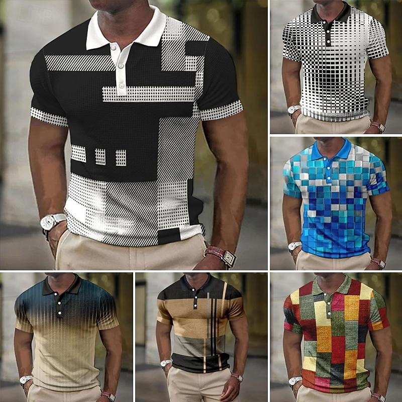 Men's Plaid Waffle Polo Shirts Golf Shirt Short Sleeve Polo Shirts Collared Shirts Vintage Casual Vacation Wear Formal Wear Festival Wear 3D Print Buttons Light Yellow Light Pink Black-White