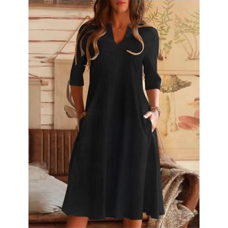 Women's Black Blue Gray Summer Spring Midi Dress Cotton Linen Dresses Casual Dress Cotton Summer Dress Basic Modern Daily Weekend Loose Fit Plain Split Neck3