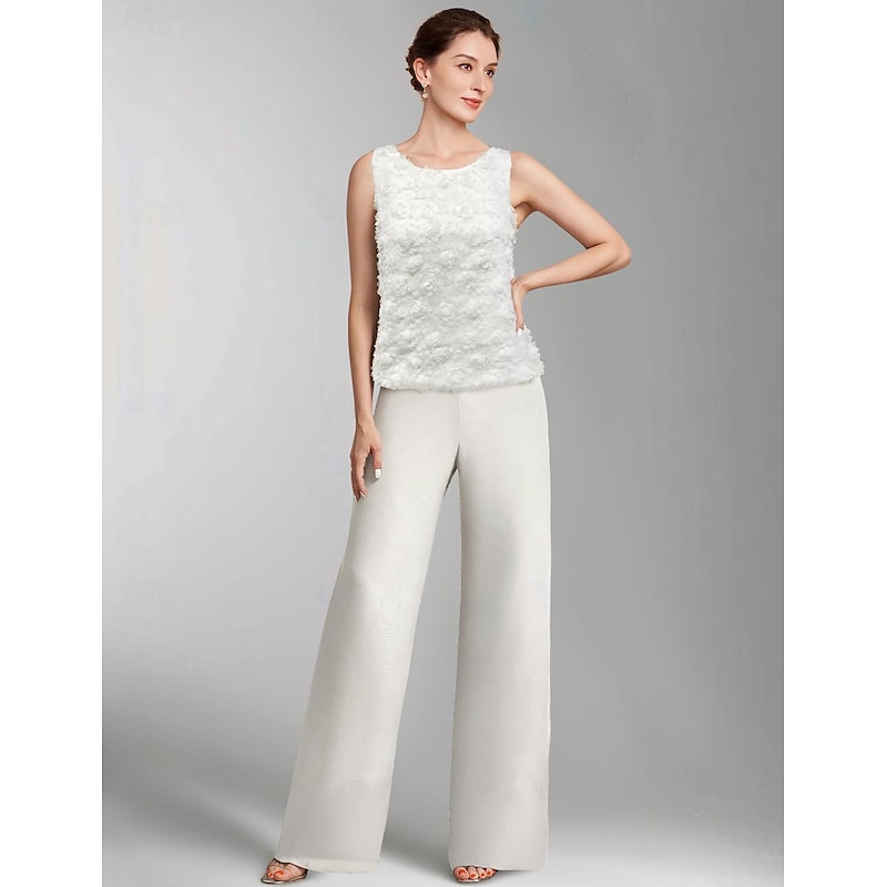 Pantsuit 3 Piece Mother of the Bride Formal Wedding Guest Elegant Plus Size Wrap Floor Length Chiffon Sleeveless with Lace3