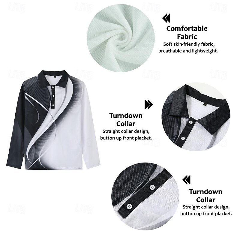 Men's Geometric Polo Shirts Golf Shirt Long Sleeve Polo Shirts Collared Shirts Business Casual WorkWear Formal Wear Festival Wear 3D Print Buttons Fall & Winter Black White Ocean Blue2