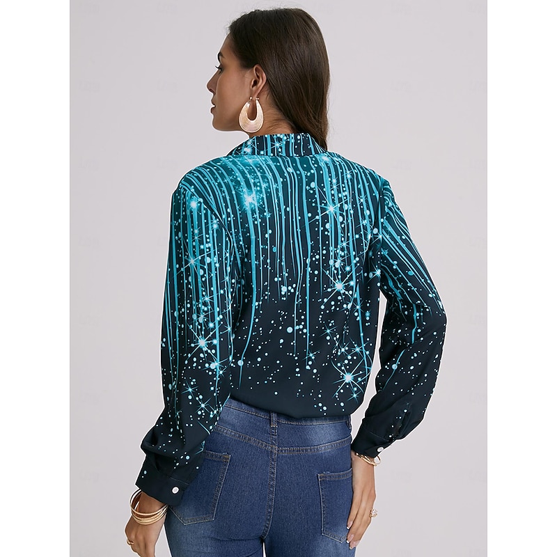 Women's Shirt Long Sleeve Button Down Blouse Maroon Denim Blue Black Striped Sparkly Button Print Casual Weekend Streetwear Shirt Collar Regular S 5