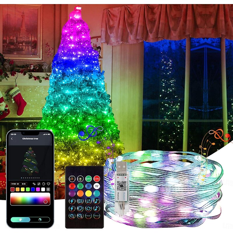 Smart Fairy String Lights APP Controlled Led String Fairy Lights with Remote Control,RGB Led Twinkle Lights Music Sync Christmas Party Lights for Christmas Wedding Room Bedroom Party Event Home Decor2