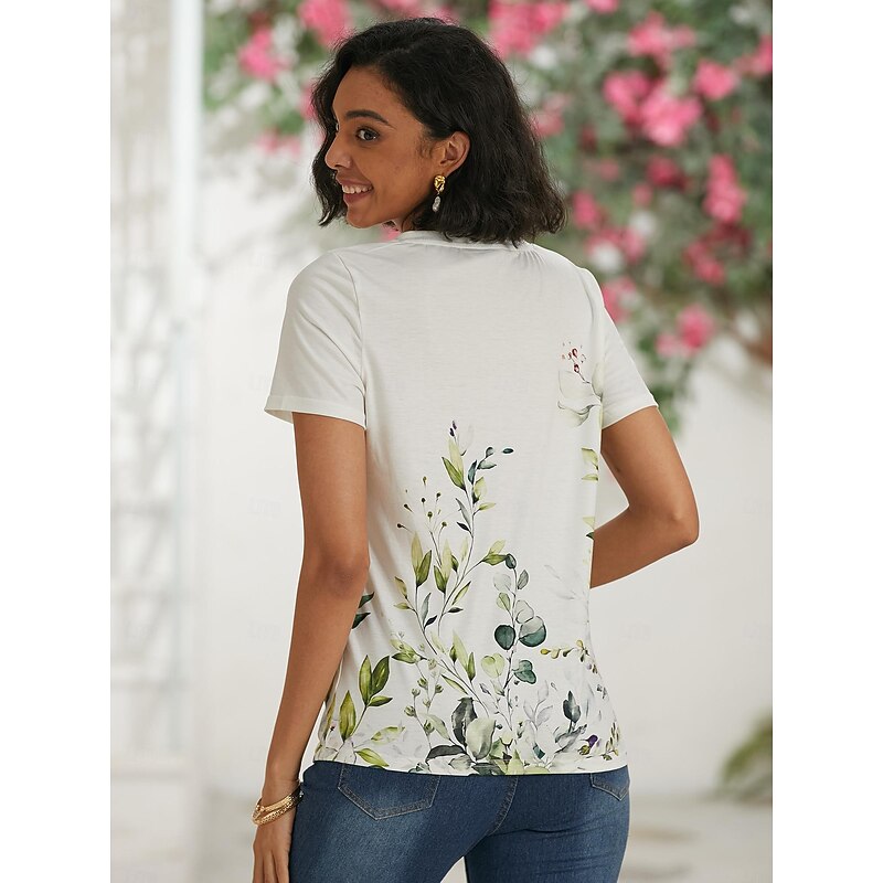 Women's T Shirt Basic Floral Print Short Sleeve Regular Tops V Neck Casual Holiday Weekend Blue Purple Green3